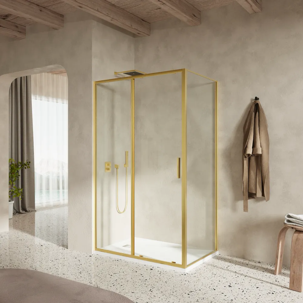 Box doccia slim 100x80cm con porta scorrevole e parete fissa profili oro spazzolato e vetro 6mm trasparente anticalcare h190| Portofino Box doccia slim 100x80cm con porta scorrevole e parete fissa profili oro spazzolato e vetro 6mm trasparente anticalcare h190| Portofino