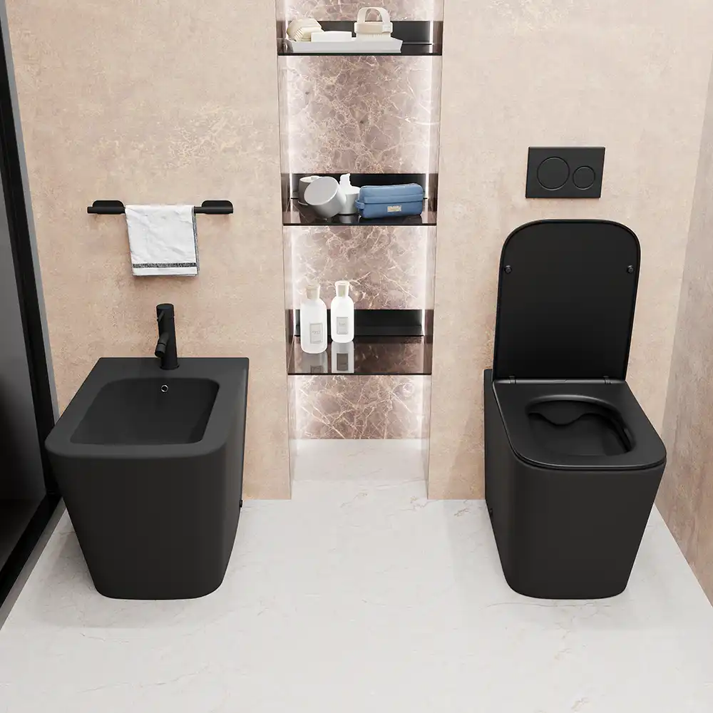 Sanitari filomuro in ceramica rimless nero opaco vaso bidet e copriwc soft-close | Londra Sanitari filomuro in ceramica rimless nero opaco vaso bidet e copriwc soft-close | Londra