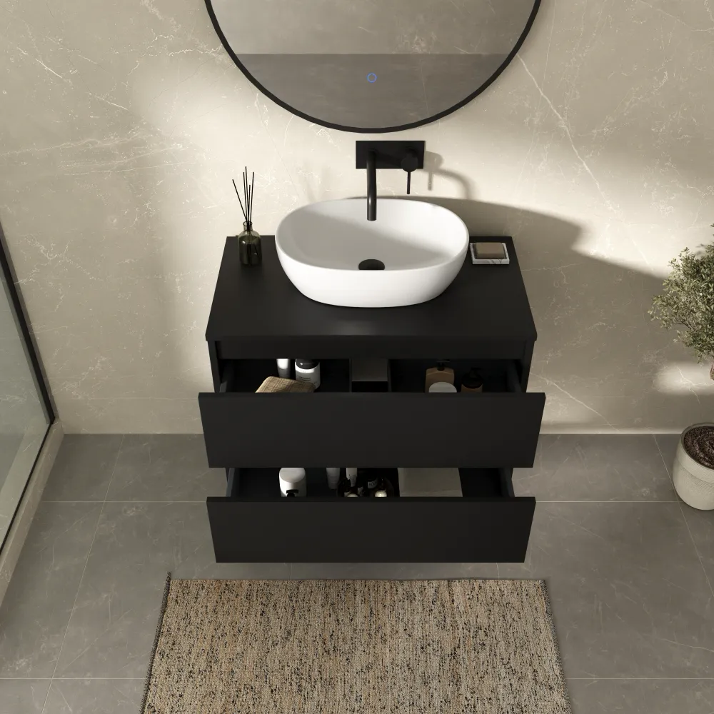 Mobile bagno sospeso 80cm due cassetti nero opaco con top | Hexa