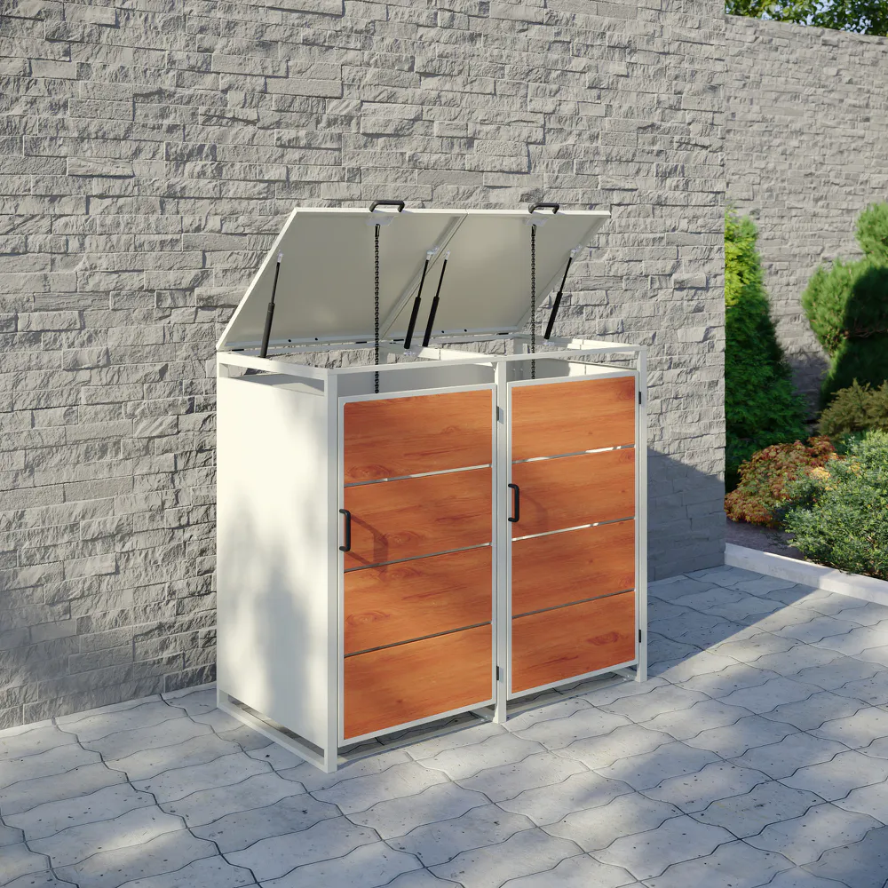 Copri bidoni 2 cassonetti 120L 116x60x105cm in acciaio zincato profili bianchi con pannelli effetto legno | Kubo Copri bidoni 2 cassonetti 120L 116x60x105cm in acciaio zincato profili bianchi con pannelli effetto legno | Kubo