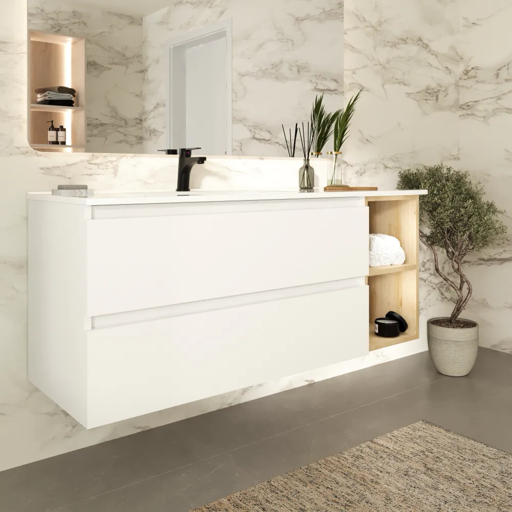 Mobile bagno sospeso 100cm due cassetti bianco opaco con lavabo sinistro e vano a giorno rovere chiaro stone oak | Hexa