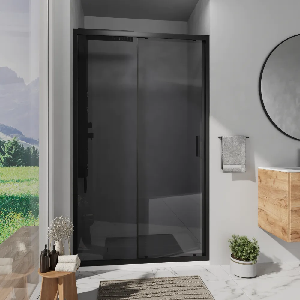 Nicchia doccia 140 cm reversibile apertura scorrevole profili nero opaco vetro 6 mm fumè h 198 | Tahiti Nicchia doccia 140 cm reversibile apertura scorrevole profili nero opaco vetro 6 mm fumè h 198 | Tahiti