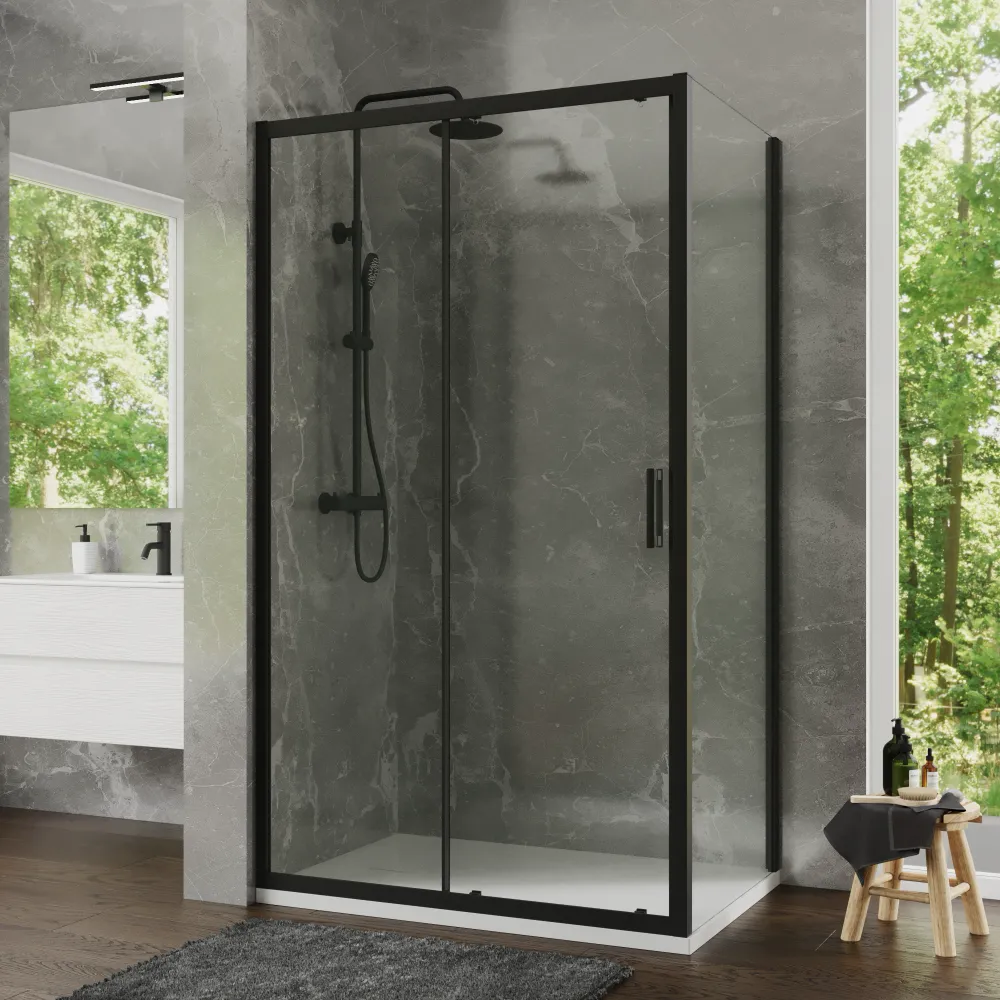 Box doccia 80x140 cm scorrevole profili nero opaco vetro temperato 6mm trasparente anticalcare h198 | Tahiti Box doccia 80x140 cm scorrevole profili nero opaco vetro temperato 6mm trasparente anticalcare h198 | Tahiti