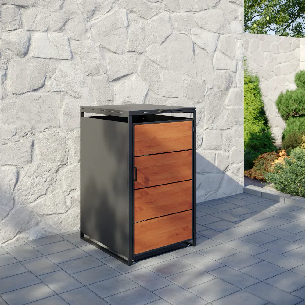Copri bidoni 1 cassonetto 240L 68x75x115cm in acciaio zincato profili neri con pannelli effetto legno | Kubo