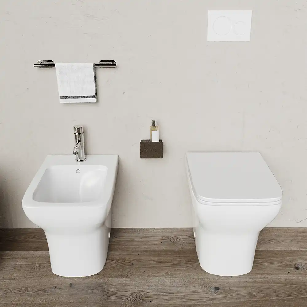 Coppia di sanitari filomuro rimless in ceramica bianca: vaso bidet e copriwc soft-close | Havana Coppia di sanitari filomuro rimless in ceramica bianca: vaso bidet e copriwc soft-close | Havana