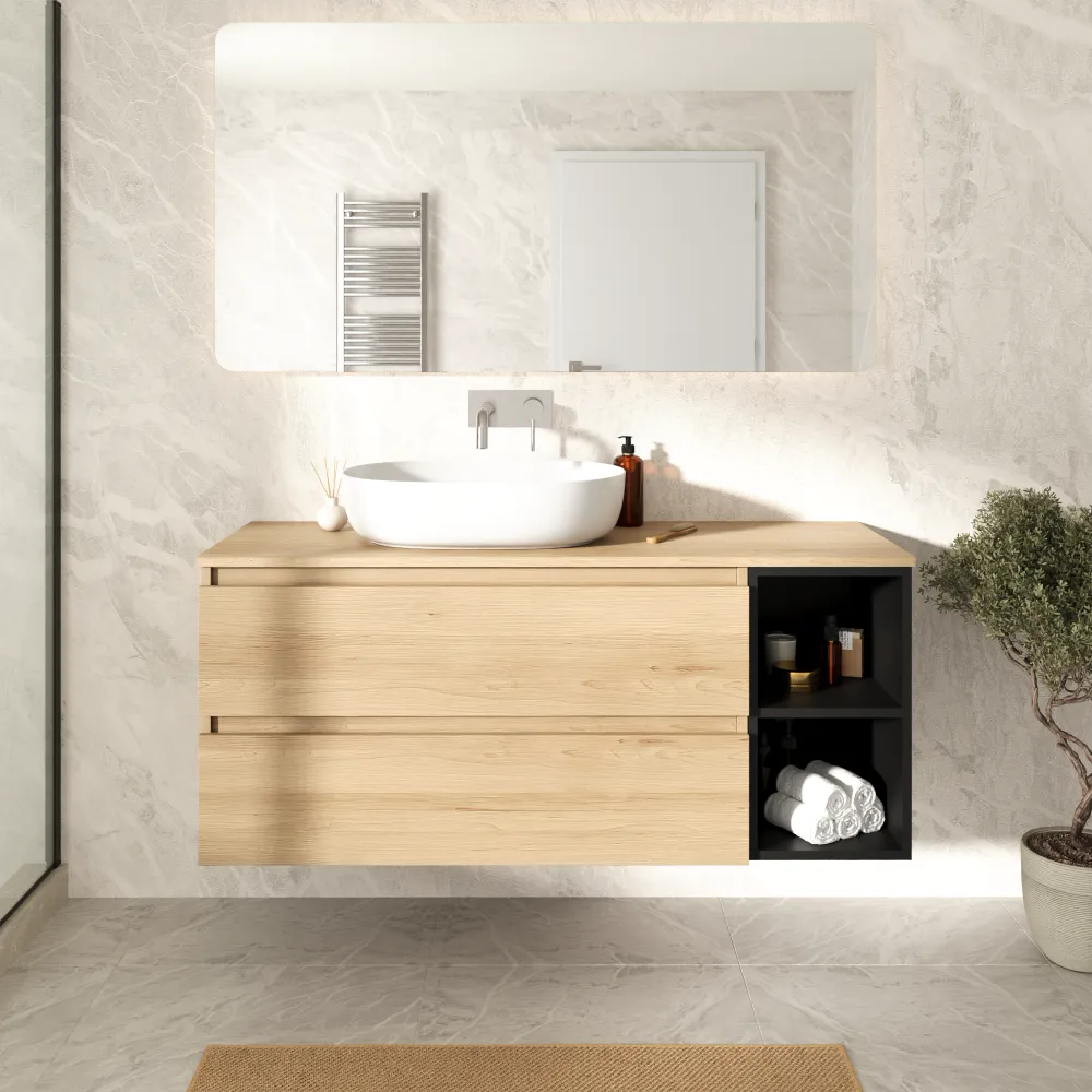Mobile bagno sospeso 130cm due cassetti con top rovere chiaro stone oak e vano a giorno nero opaco | Hexa Mobile bagno sospeso 130cm due cassetti con top rovere chiaro stone oak e vano a giorno nero opaco | Hexa