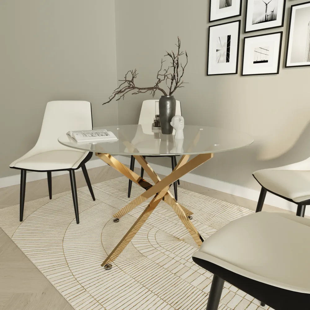 Tavolo rotondo Ø120cm top in vetro temperato trasparente 8mm e gambe incrociate in acciaio dorato | Leif