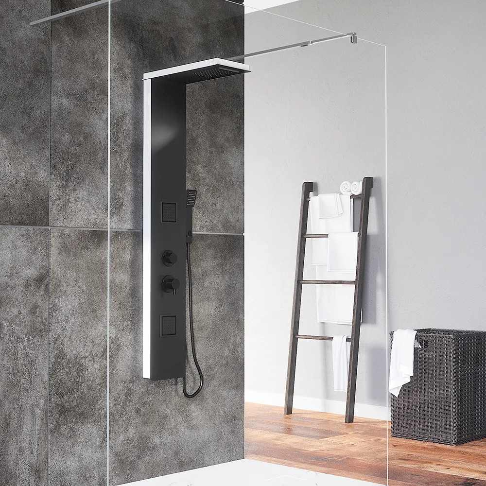 Pannello doccia in alluminio nero e back bianco con doccino, 4 funzioni | Tago Pannello doccia in alluminio nero e back bianco con doccino, 4 funzioni | Tago