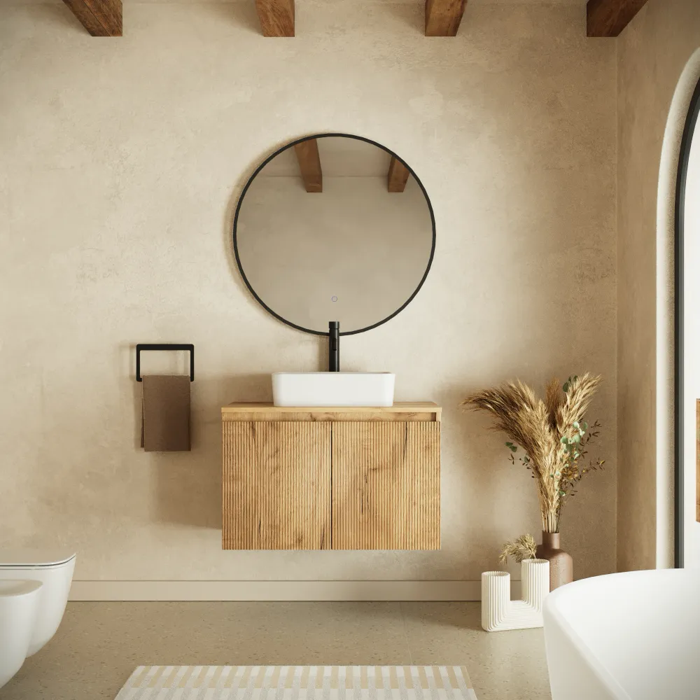 Mobile bagno sospeso 80cm rovere chiaro cannettato 2 ante con top | Pelion Mobile bagno sospeso 80cm rovere chiaro cannettato 2 ante con top | Pelion