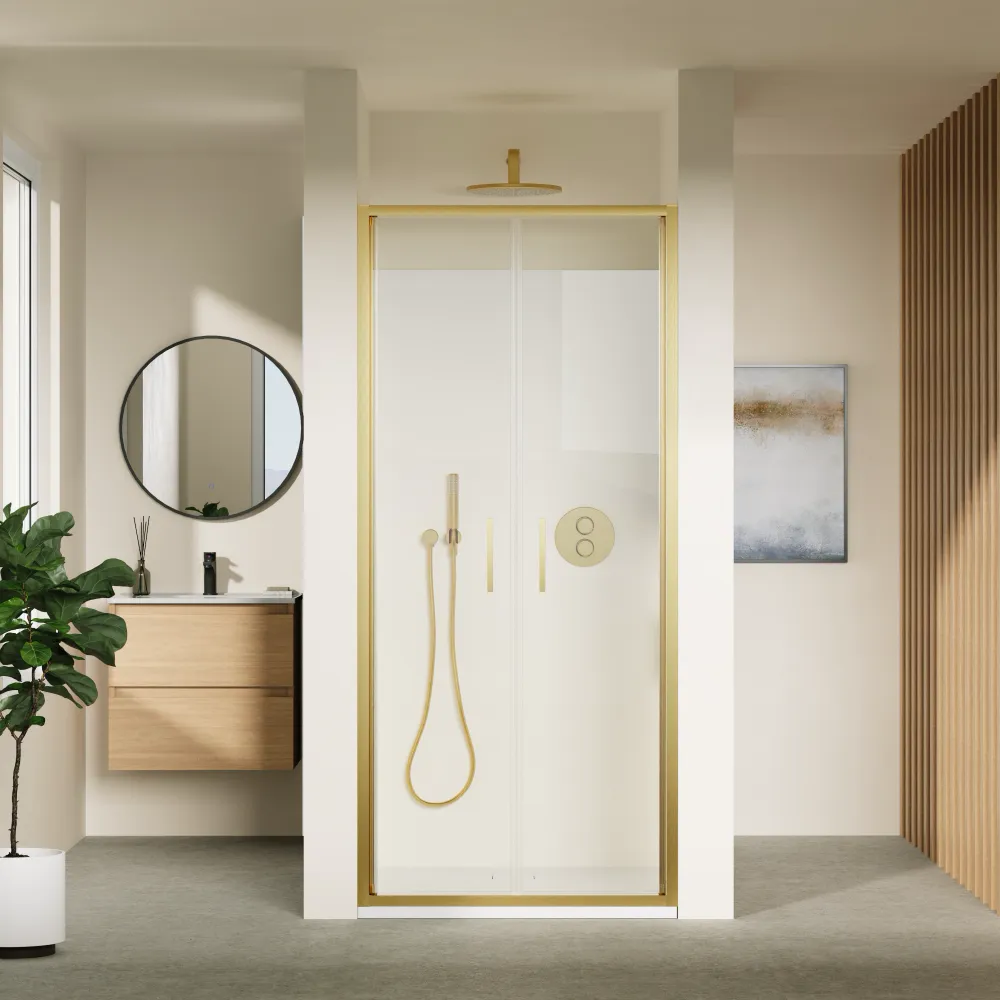 Porta doccia 90cm con apertura saloon profili slim oro spazzolato vetro 6mm trasparente anticalcare h190 | Portofino
