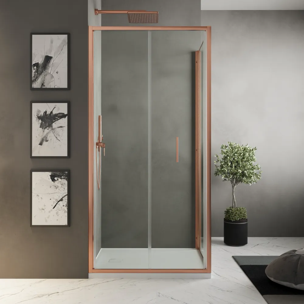 Box doccia slim 75x80cm con porta a libro e parete fissa profili rame spazzolato e vetro 6mm trasparente anticalcare h190| Portofino