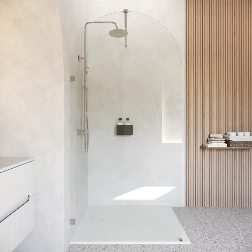 Doccia walk-in arco 100cm con cerniere nickel spazzolato vetro trasparente 8mm easy clean h200| Nusa Doccia walk-in arco 100cm con cerniere nickel spazzolato vetro trasparente 8mm easy clean h200| Nusa