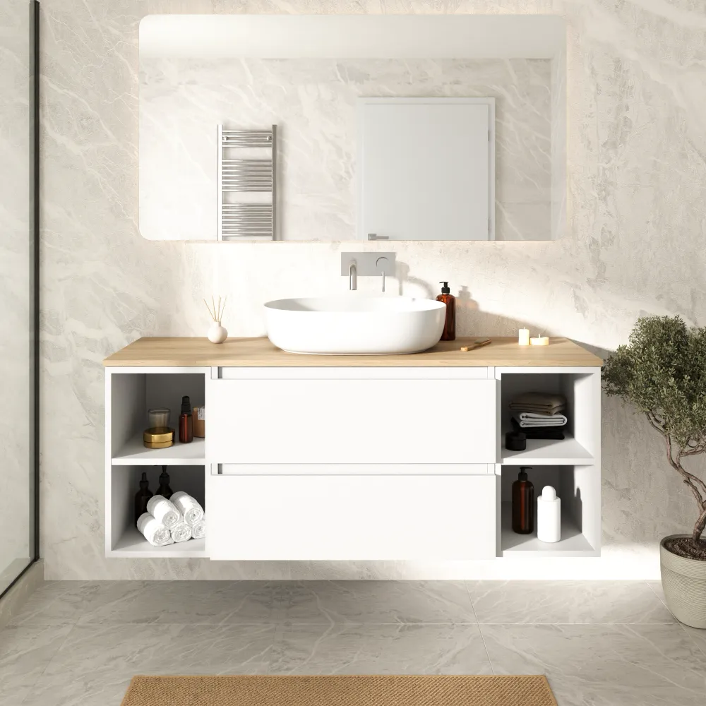 Mobile bagno sospeso 120cm due cassetti e due vani a giorno bianco opaco con top rovere chiaro | Hexa Mobile bagno sospeso 120cm due cassetti e due vani a giorno bianco opaco con top rovere chiaro | Hexa