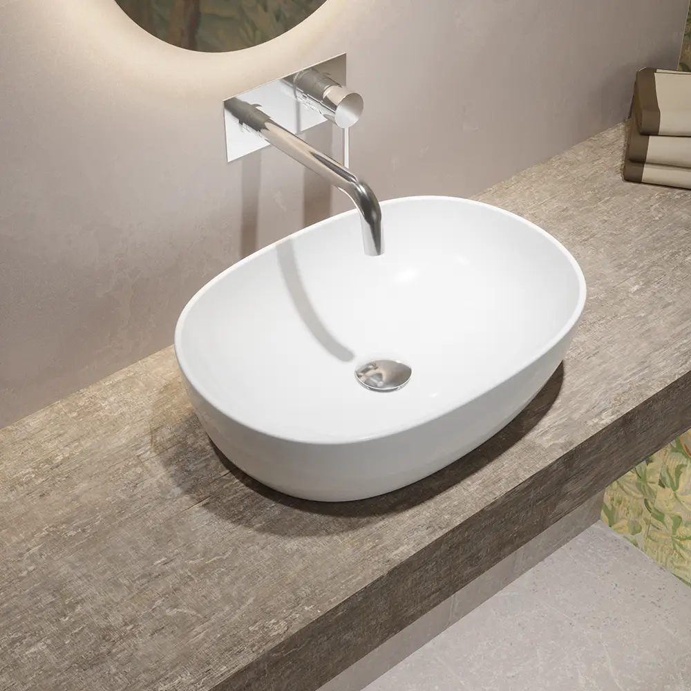 Lavabo da appoggio ovale con bordo slim 49x36x13,5 cm Bianco Lavabo da appoggio ovale con bordo slim 49x36x13,5 cm Bianco