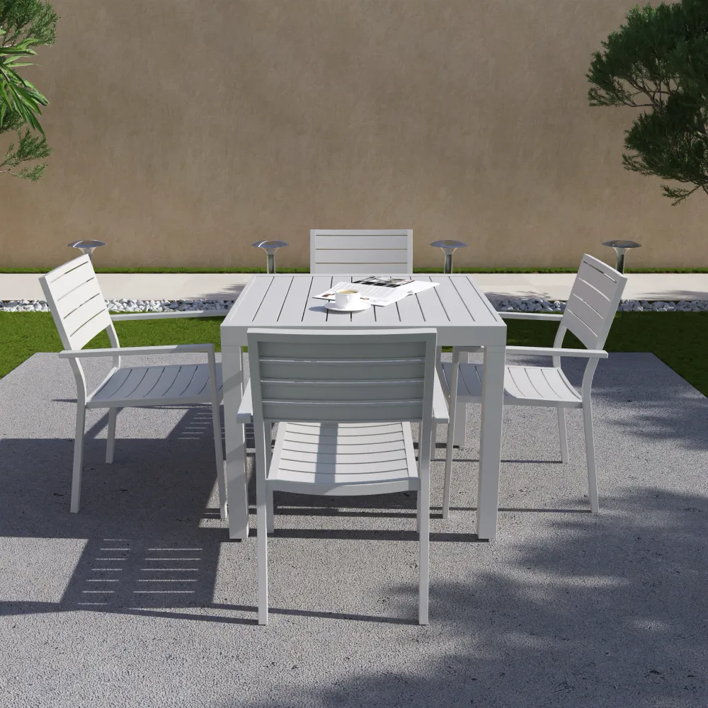 Set da esterno bianco con tavolo allungabile 90/180x74cm e 4 sedie in alluminio | Zenor Set da esterno bianco con tavolo allungabile 90/180x74cm e 4 sedie in alluminio | Zenor