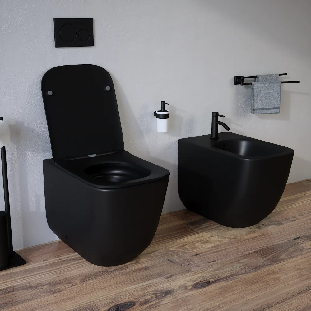 Sanitari filomuro in ceramica nero opaco vaso tornado silent flush sedile soft-close e bidet | Riga Sanitari filomuro in ceramica nero opaco vaso tornado silent flush sedile soft-close e bidet | Riga