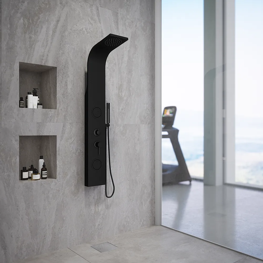 Pannello doccia curvo in acciaio nero opaco, con doccino, cascata, 3 funzioni | Spa Pannello doccia curvo in acciaio nero opaco, con doccino, cascata, 3 funzioni | Spa