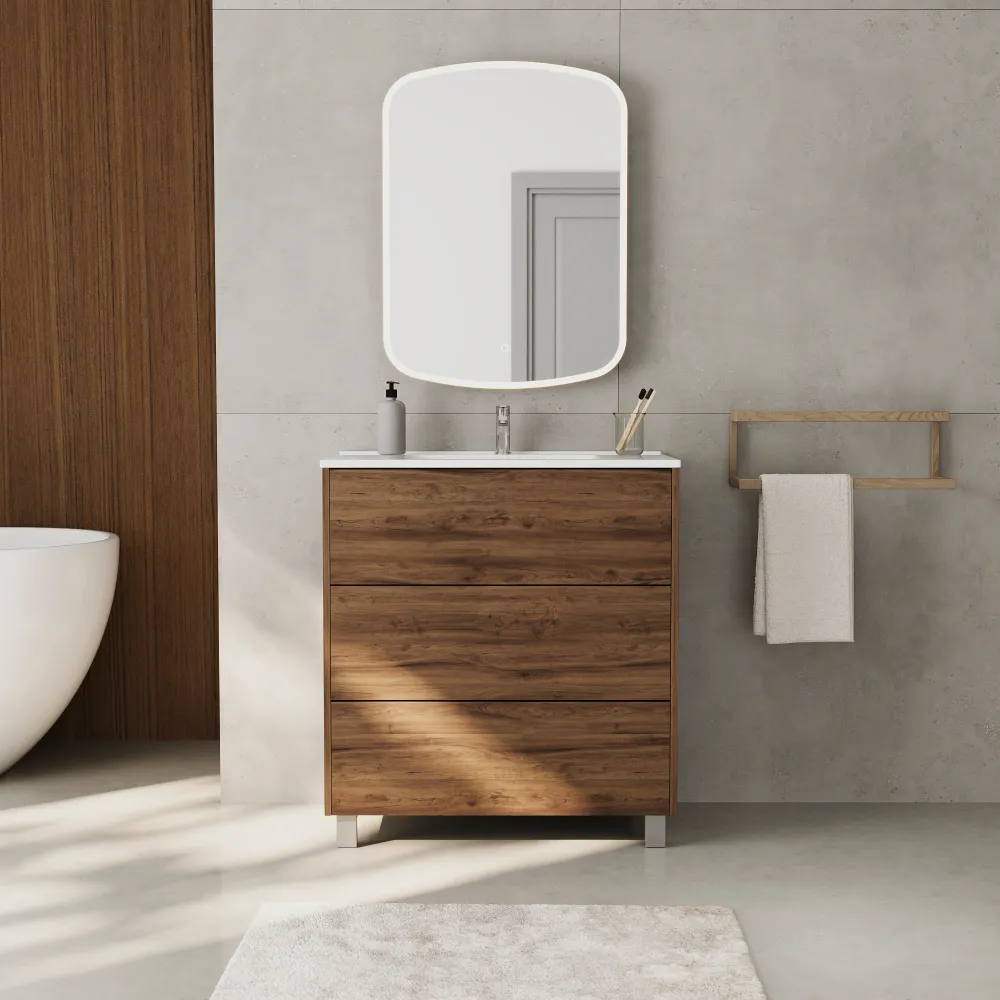 Mobile bagno a terra 80cm tre cassetti push&pull rovere barok con lavabo bianco lucido | Yaku Mobile bagno a terra 80cm tre cassetti push&pull rovere barok con lavabo bianco lucido | Yaku