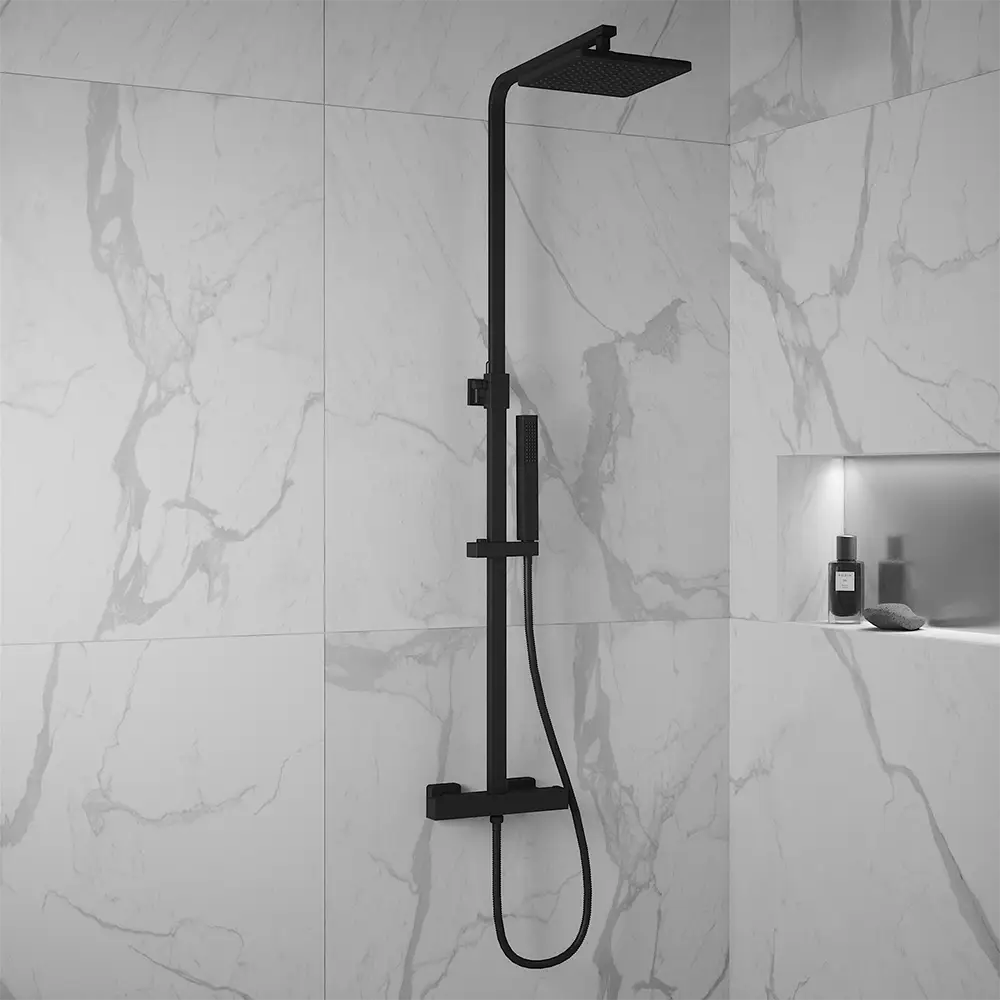 Colonna doccia termostatica soffione slim 20x20 cm finitura nero opaco | Serio Colonna doccia termostatica soffione slim 20x20 cm finitura nero opaco | Serio