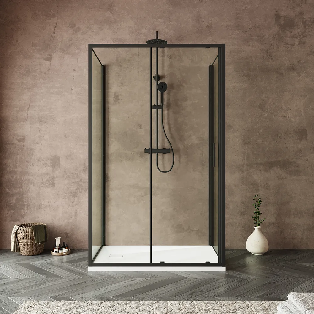 Box doccia tre lati 80x130x80cm con porta scorrevole profili nero opaco e vetro 6mm trasparente h190 | Portofino Box doccia tre lati 80x130x80cm con porta scorrevole profili nero opaco e vetro 6mm trasparente h190 | Portofino