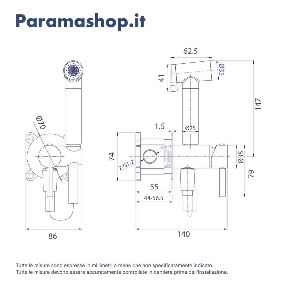 Idroscopino tondo doppia funzione in ottone cromato con rubinetto acqua calda e fredda e flessibile 120cm