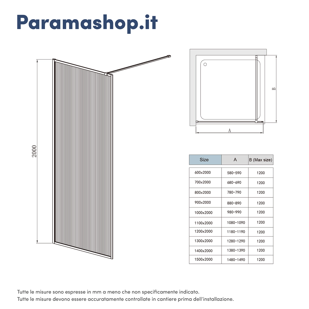 Doccia walk-in full frame 60 cm vetro cannettato profili neri | Rodi Doccia walk-in full frame 60 cm vetro cannettato profili neri | Rodi