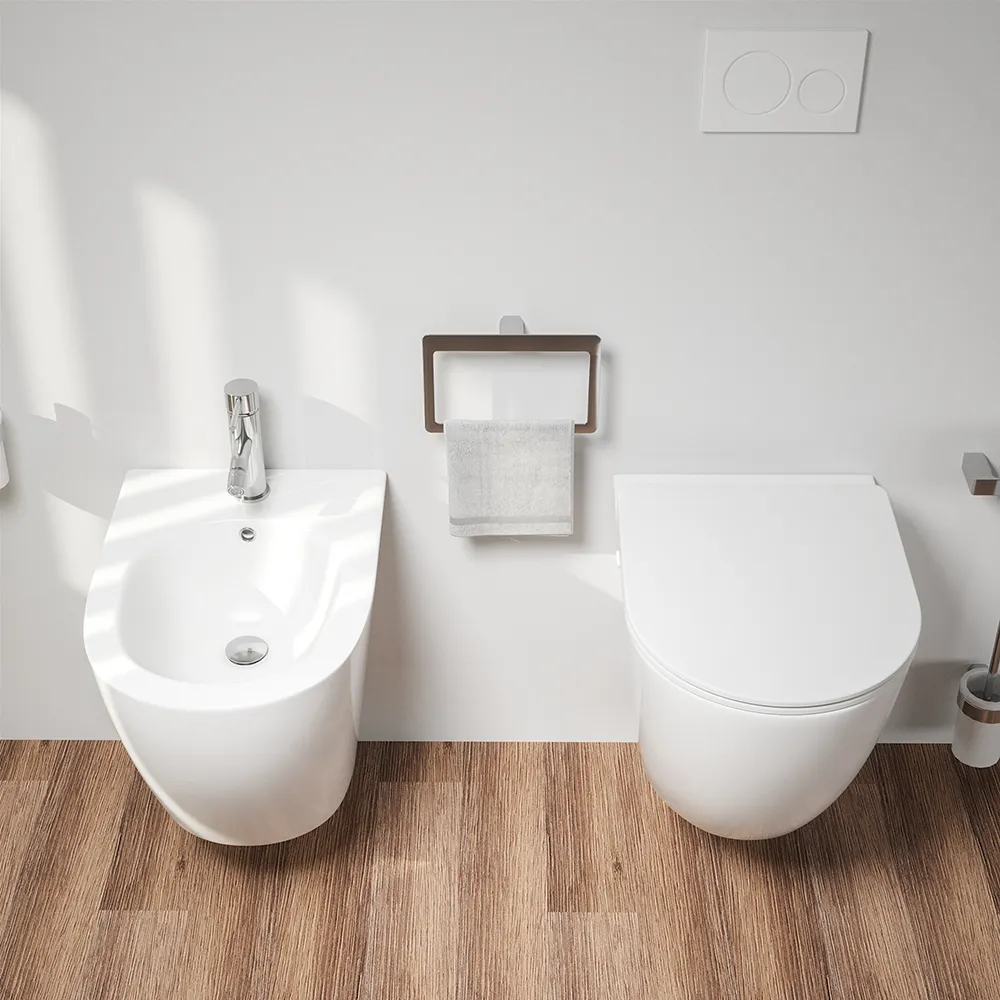 Coppia di sanitari sospesi in ceramica bianco lucido vaso rimless con copriwc soft-close e bidet | Europa Small Coppia di sanitari sospesi in ceramica bianco lucido vaso rimless con copriwc soft-close e bidet | Europa Small