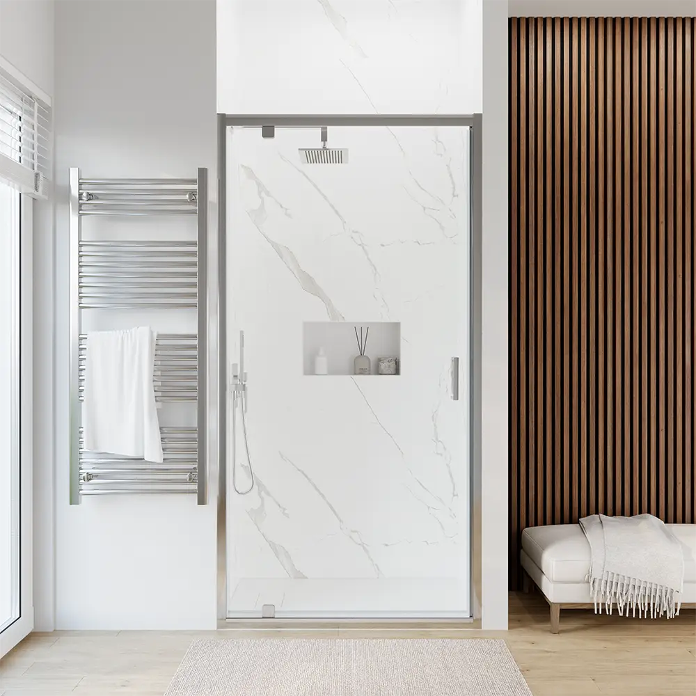 Porta doccia con apertura a battente mod. Apulia vetro temperato 6mm trasparente - Foto frontale Porta doccia con apertura a battente mod. Apulia vetro temperato 6mm trasparente - Foto frontale