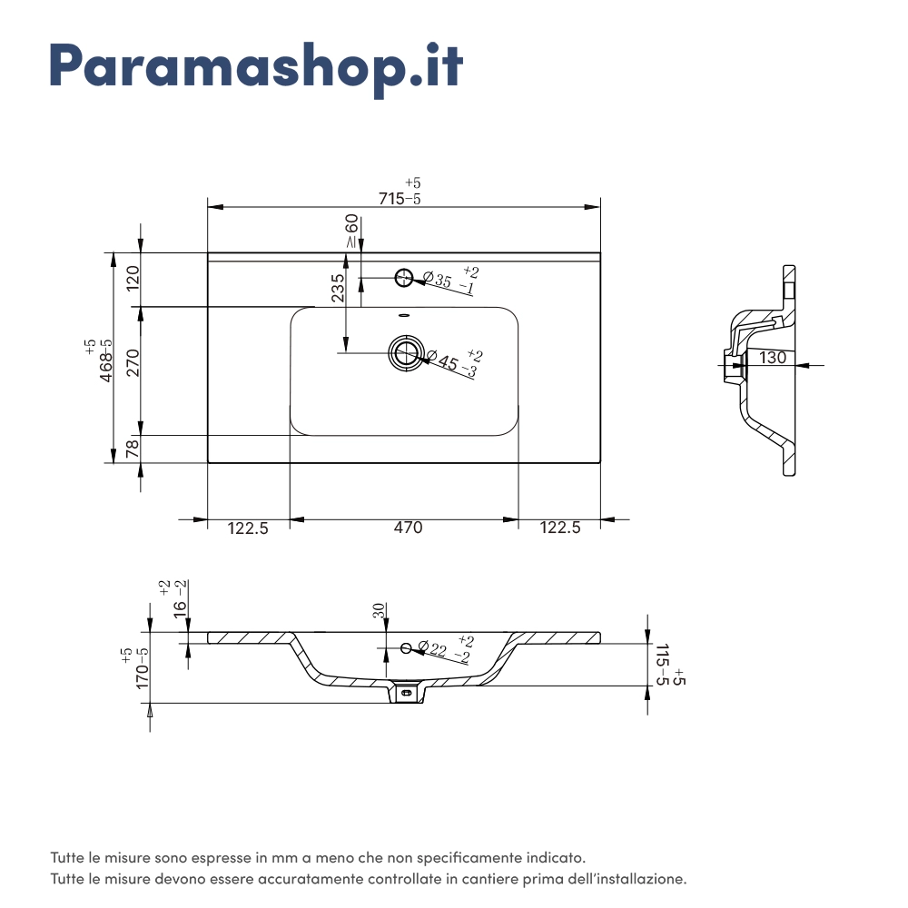 Lavabo da incasso 70 cm in ceramica bianca | Civit Lavabo da incasso 70 cm in ceramica bianca | Civit