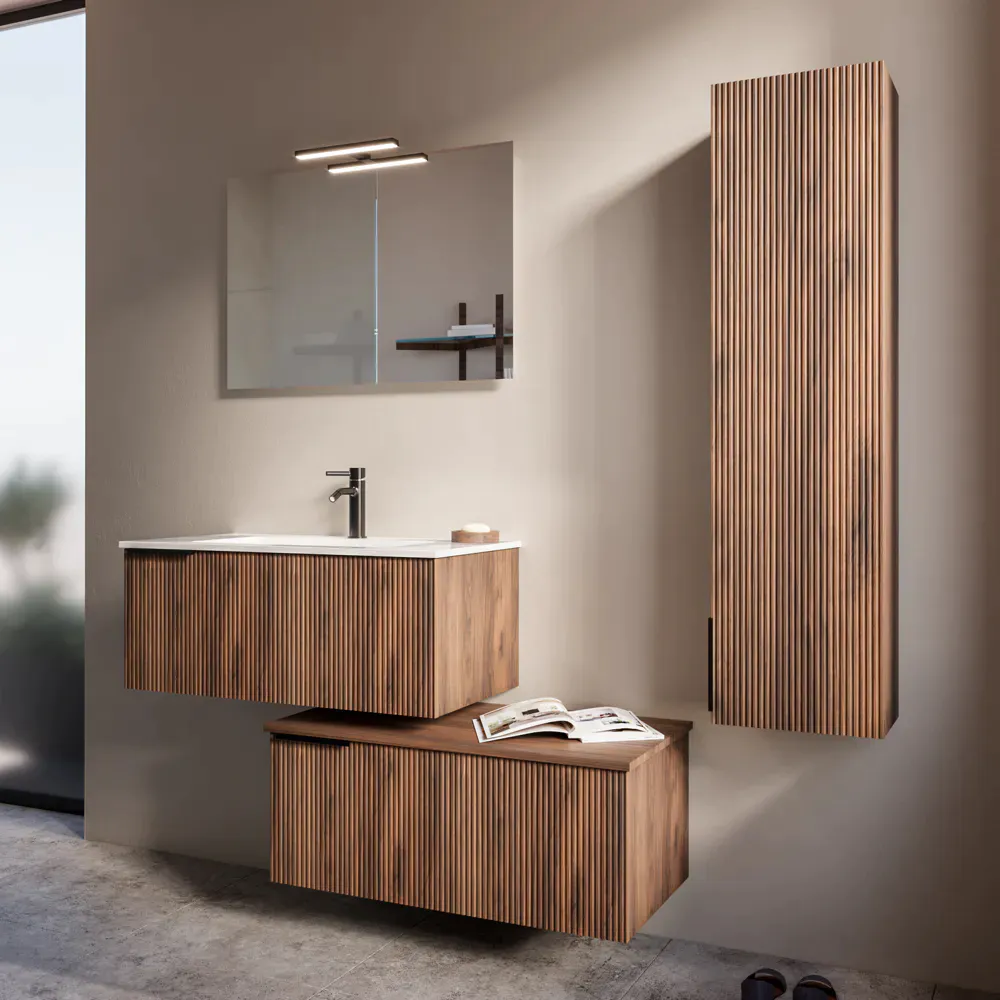 Mobile bagno sospeso modulare cannettato 90 cm rovere scuro due cassetti con lavabo e colonna | Fuji