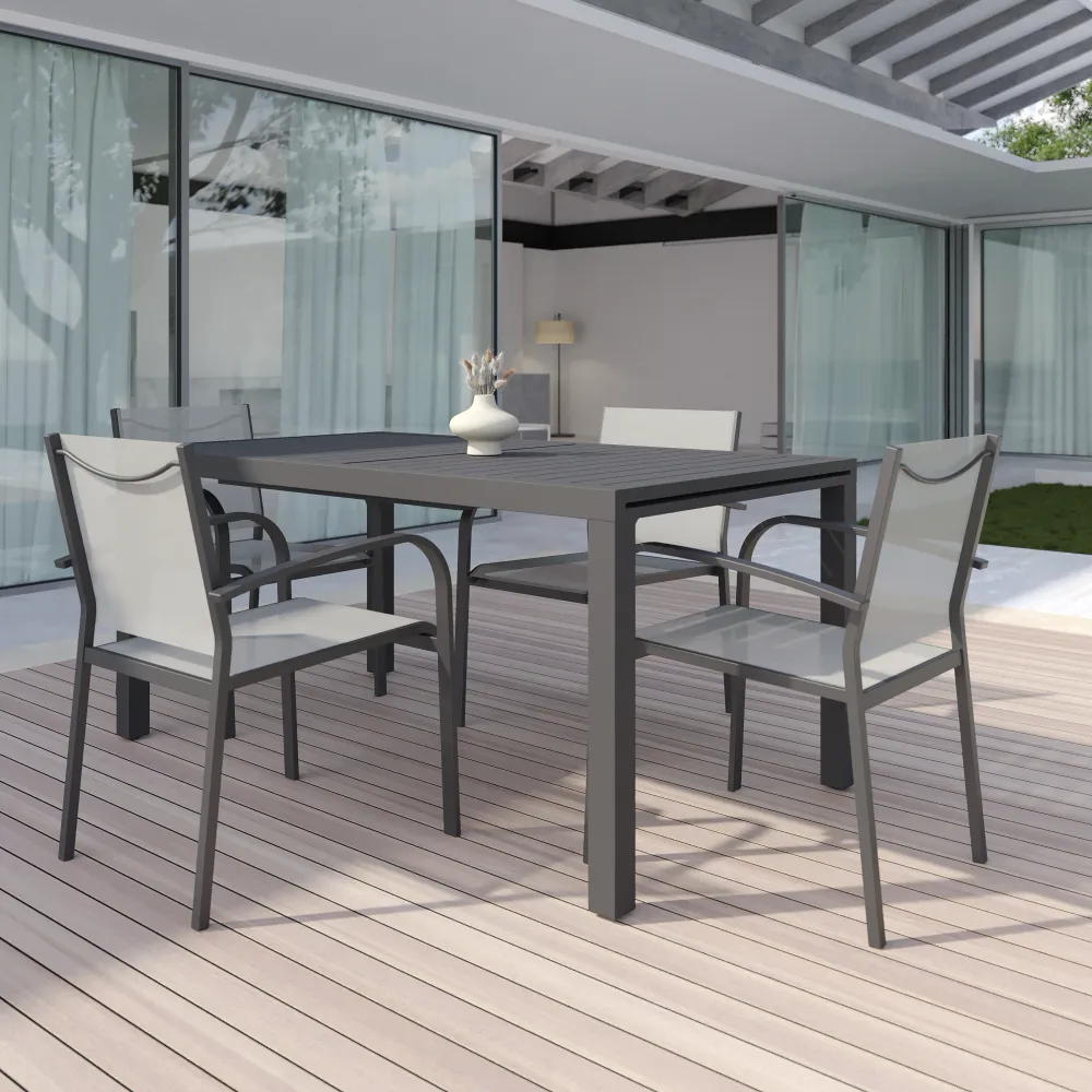 Set da esterno grigio con tavolo allungabile 160/240x75cm e 4 sedie in alluminio e textilene con braccioli tondi | Marel