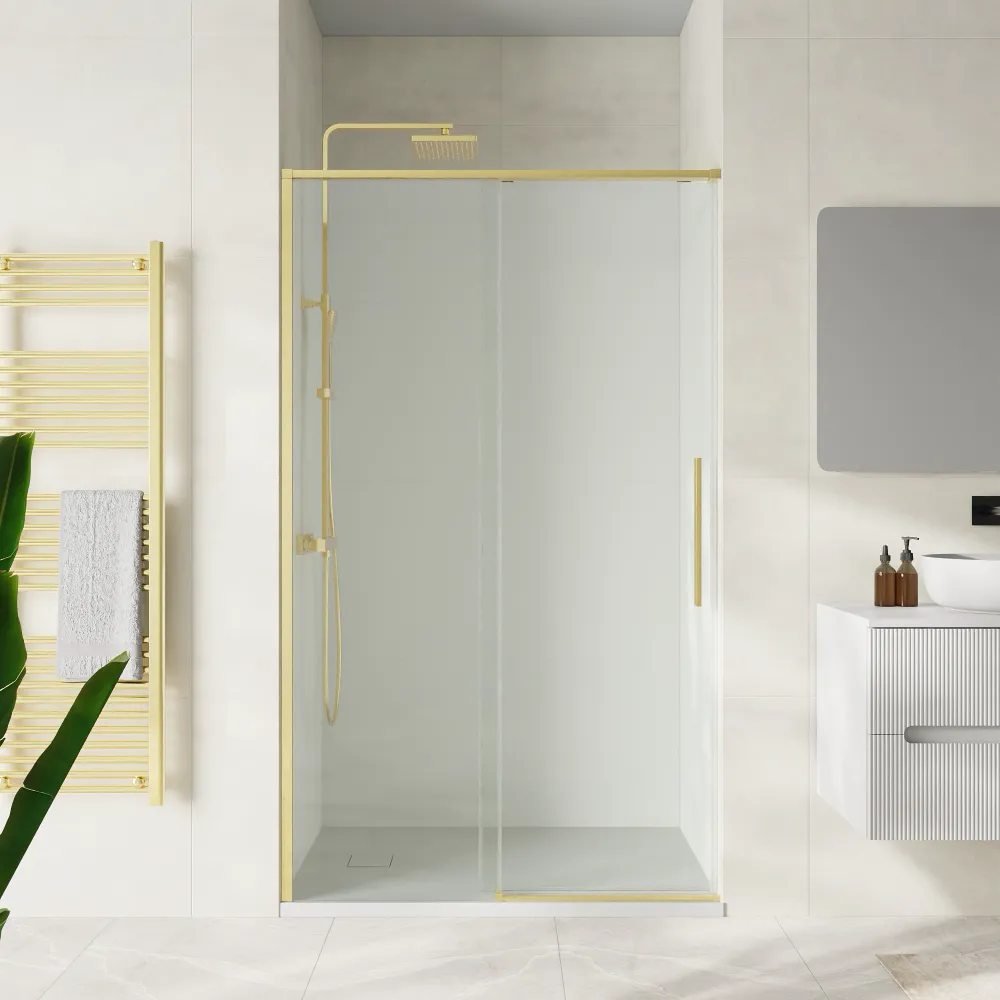 Nicchia doccia 130cm scorrevole vetro 8mm trasparente anticalcare profili oro spazzolato h200 | Gili