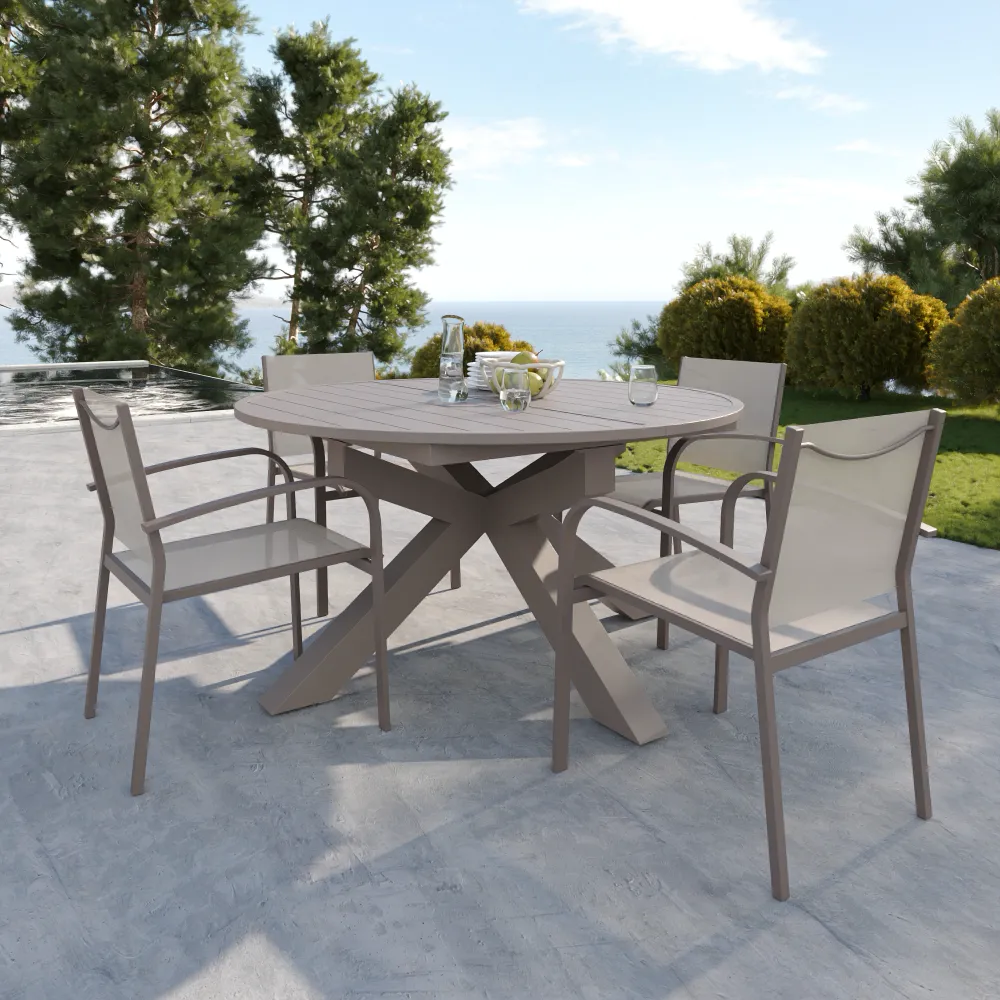 Set da esterno tortora con tavolo ovale allungabile 145/199x75cm e 4 sedie in alluminio e textilene con braccioli tondi | Juma Set da esterno tortora con tavolo ovale allungabile 145/199x75cm e 4 sedie in alluminio e textilene con braccioli tondi | Juma