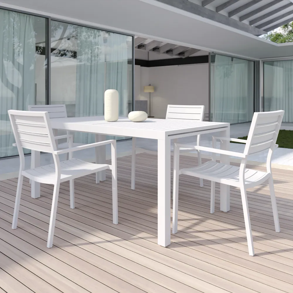 Set da esterno bianco con tavolo allungabile 160/240x75cm e 4 sedie in alluminio | Zenor