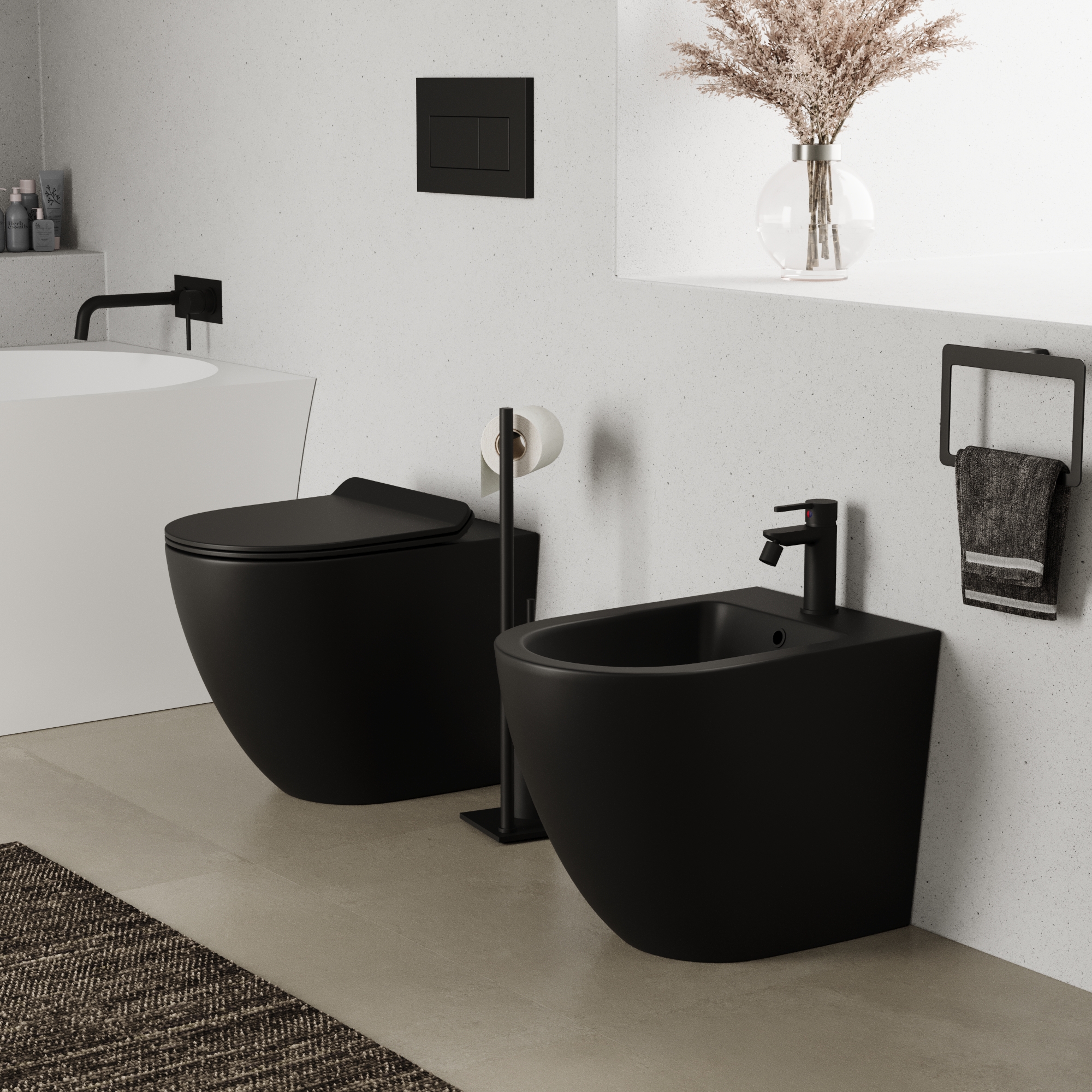 Sanitari filomuro in ceramica nero opaco vaso tornado silent flush sedile soft-close e bidet | Sydney