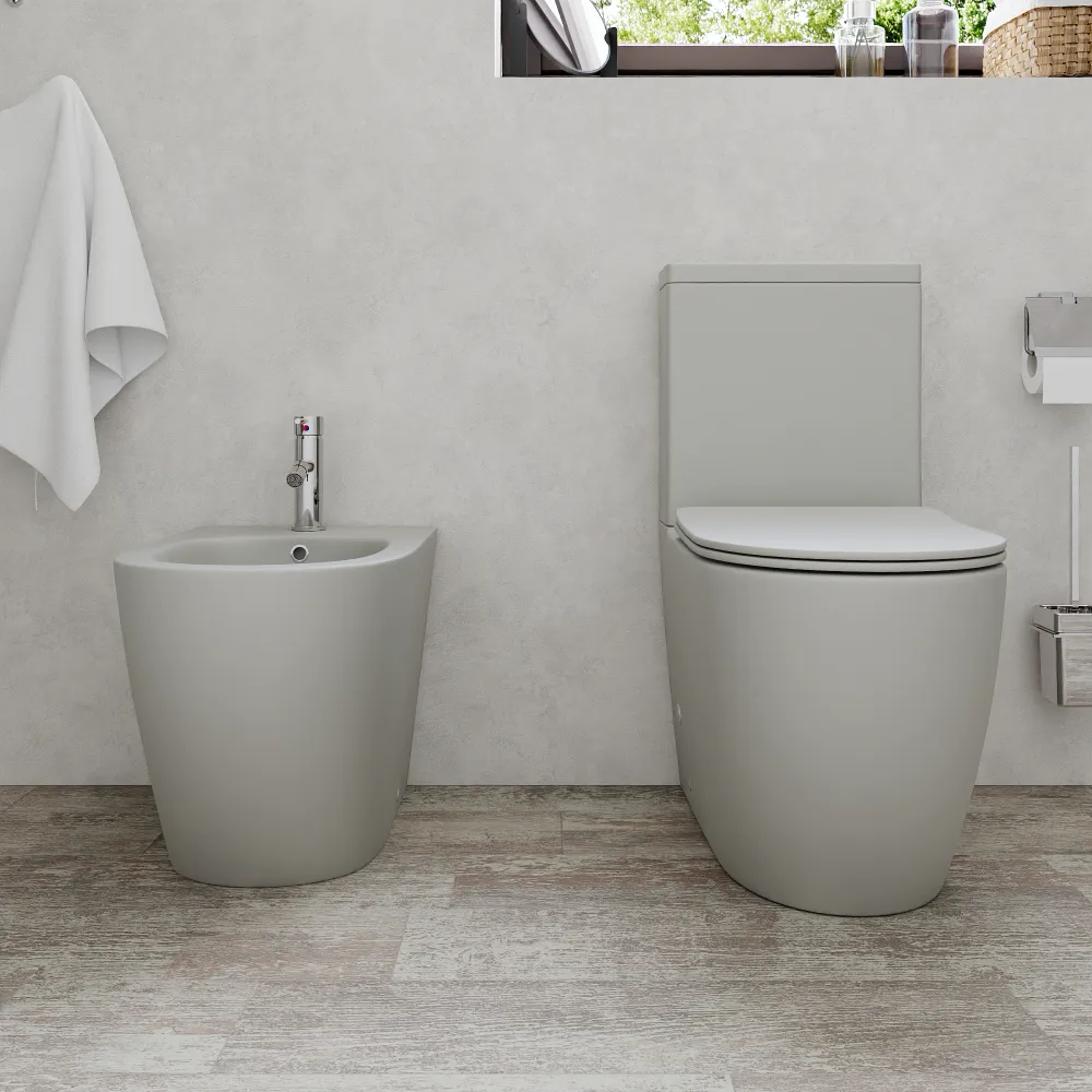 Coppia di sanitari filomuro vaso monoblocco rimless e bidet grigio opaco | Europa Coppia di sanitari filomuro vaso monoblocco rimless e bidet grigio opaco | Europa