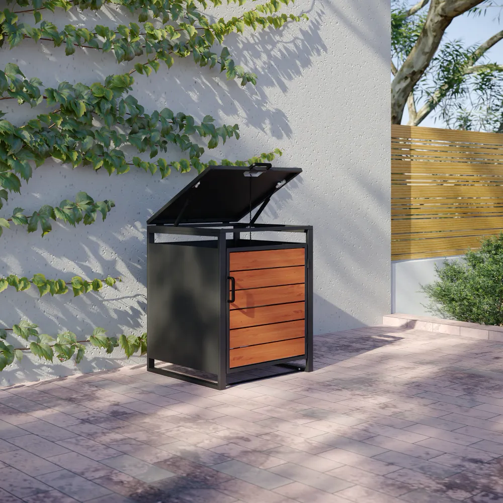 Copri bidoni 1 cassonetto 60L 50x50x64cm in acciaio zincato profili neri con pannelli effetto legno | Kubo Copri bidoni 1 cassonetto 60L 50x50x64cm in acciaio zincato profili neri con pannelli effetto legno | Kubo