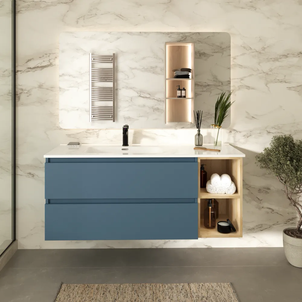 Mobile bagno sospeso 100cm due cassetti alby blue con lavabo sinistro e vano a giorno rovere chiaro | Hexa Mobile bagno sospeso 100cm due cassetti alby blue con lavabo sinistro e vano a giorno rovere chiaro | Hexa