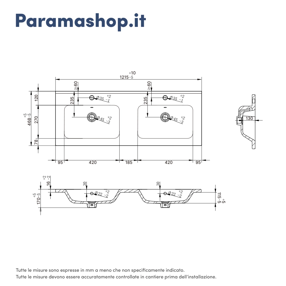 Lavabo da incasso 120 cm doppia vasca in ceramica bianca | Civit