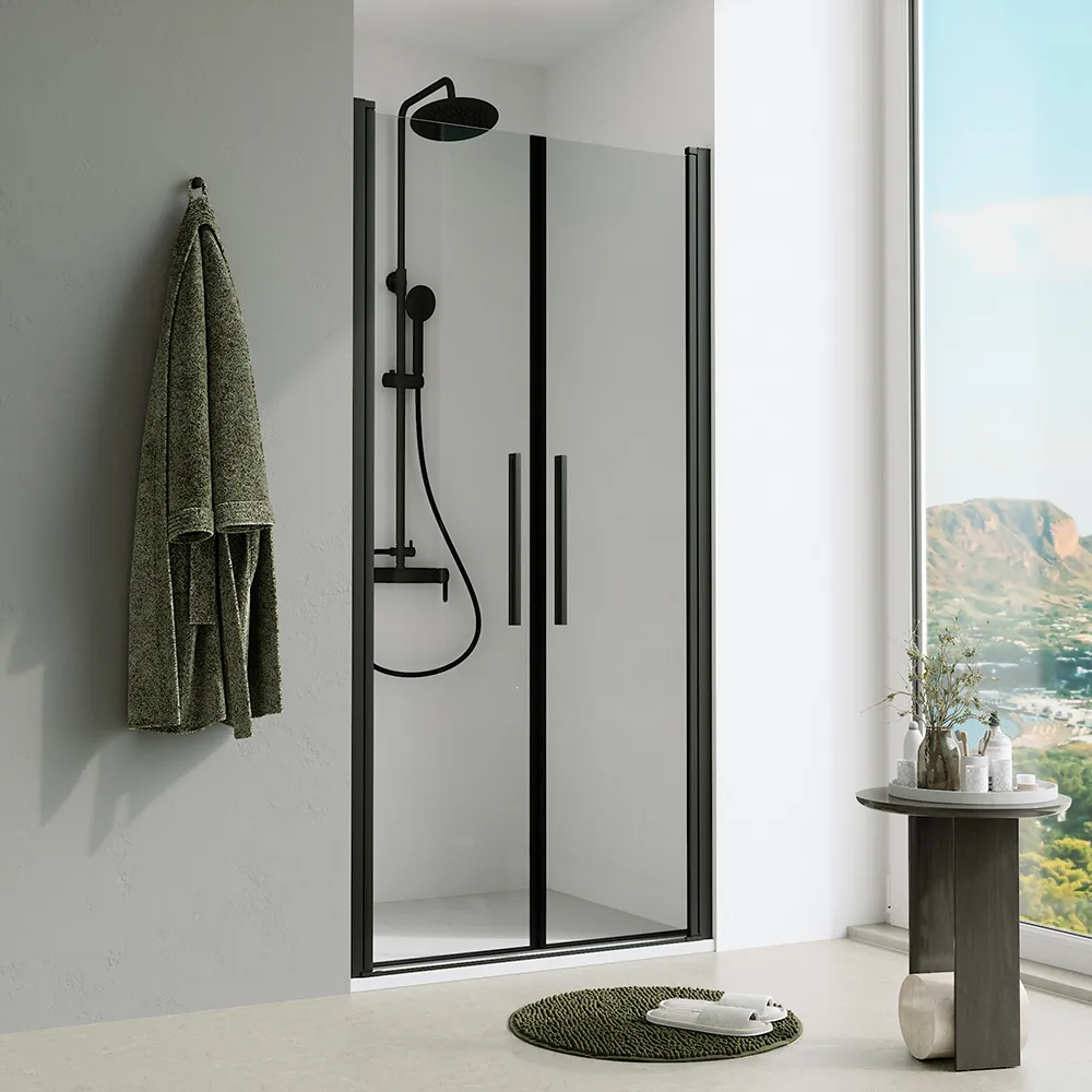 Porta doccia 90cm apertura saloon con profili nero opaco e vetro da 6mm trasparente h195 | Elba Porta doccia 90cm apertura saloon con profili nero opaco e vetro da 6mm trasparente h195 | Elba