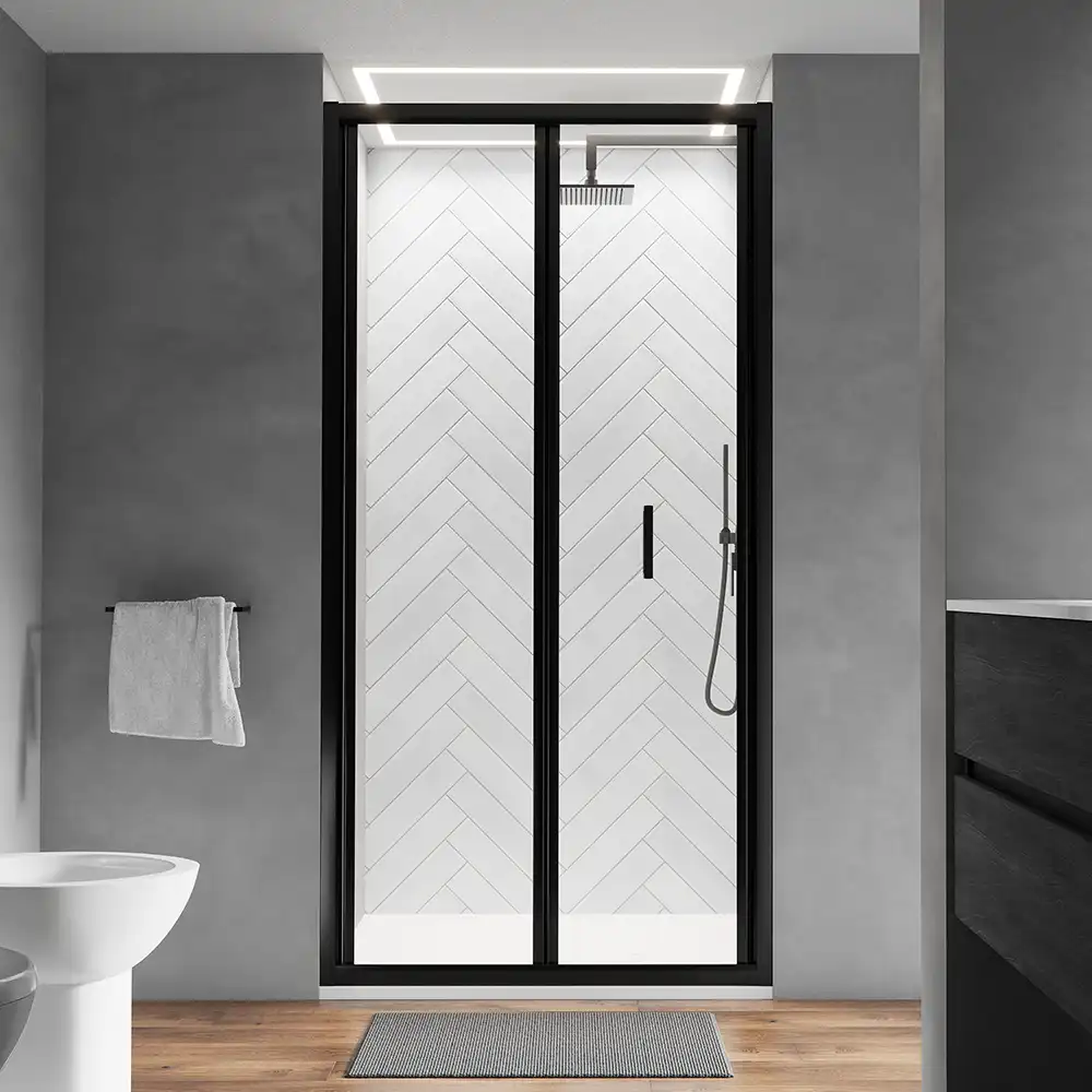 Porta doccia 90 cm profili nero opaco apertura a libro vetro trasparente | Capri Porta doccia 90 cm profili nero opaco apertura a libro vetro trasparente | Capri