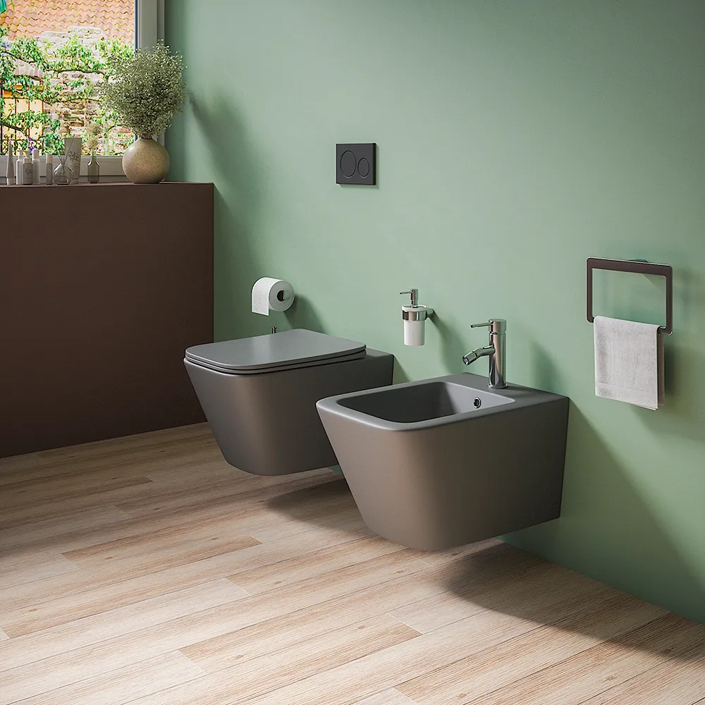 Coppia sanitari in ceramica sospesi vaso rimless, bidet e copri-wc grigio opaco | Kyoto Coppia sanitari in ceramica sospesi vaso rimless, bidet e copri-wc grigio opaco | Kyoto