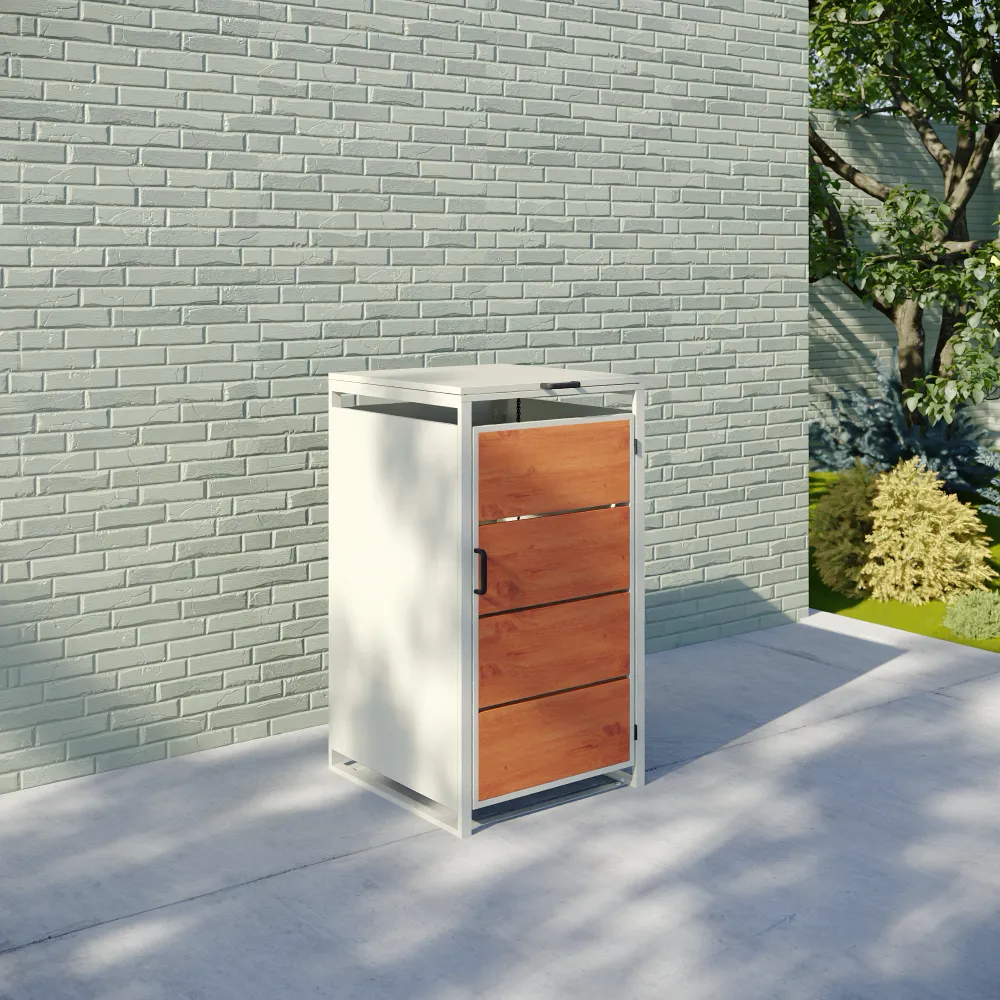 Copri bidoni 1 cassonetto 120L 58x60x105cm in acciaio zincato profili bianchi con pannelli effetto legno | Kubo Copri bidoni 1 cassonetto 120L 58x60x105cm in acciaio zincato profili bianchi con pannelli effetto legno | Kubo