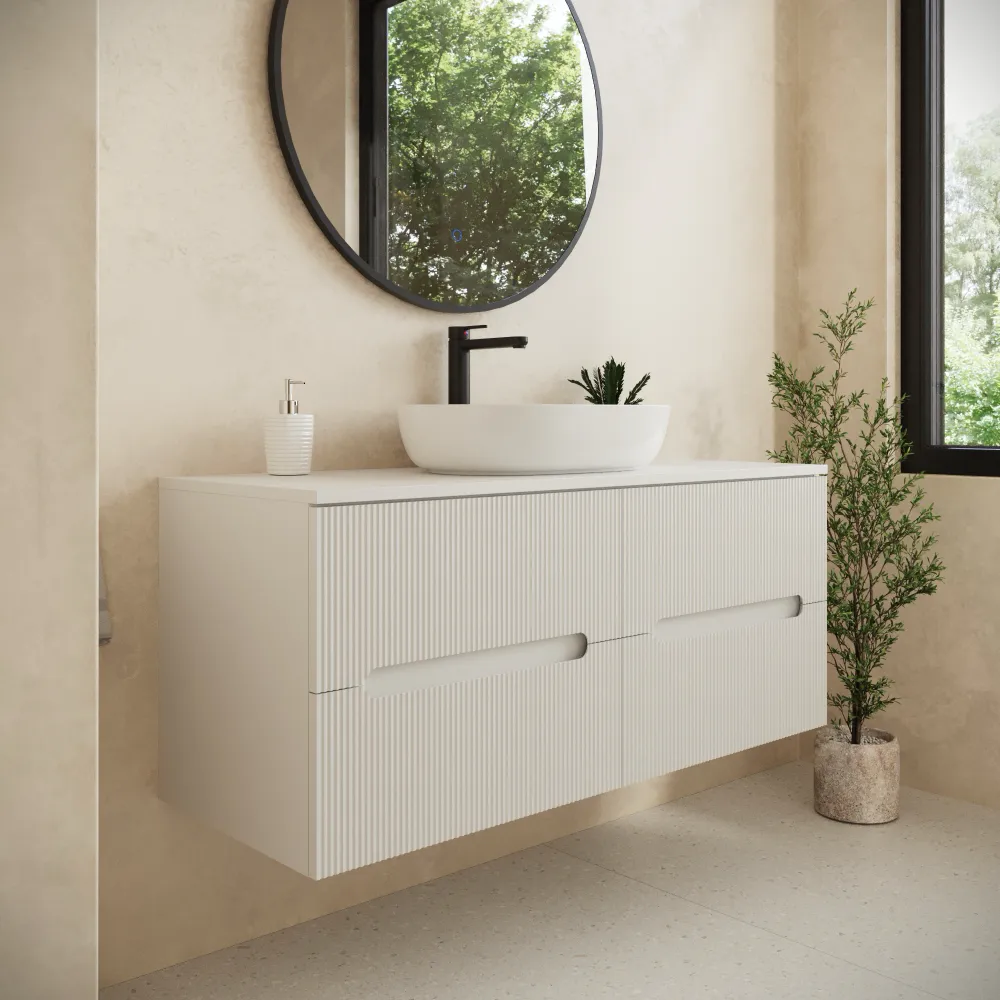 Mobile bagno sospeso 120cm quattro cassetti bianco opaco cannettato con top | Tigua