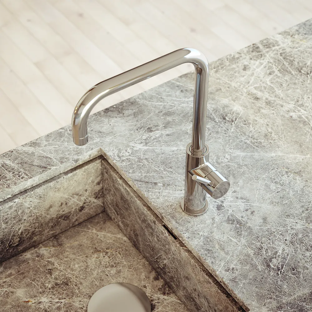 Miscelatore lavello cucina cromato con canna L girevole e leva laterale | Alloro Miscelatore lavello cucina cromato con canna L girevole e leva laterale | Alloro