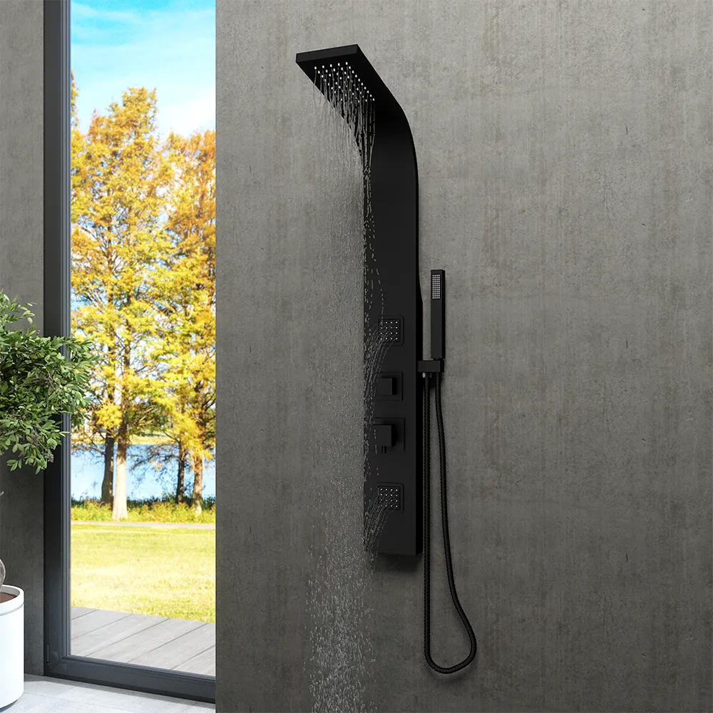 Pannello doccia 113x14cm in acciaio nero opaco a 3 funzioni con doccino e flessibile | Jog Pannello doccia 113x14cm in acciaio nero opaco a 3 funzioni con doccino e flessibile | Jog