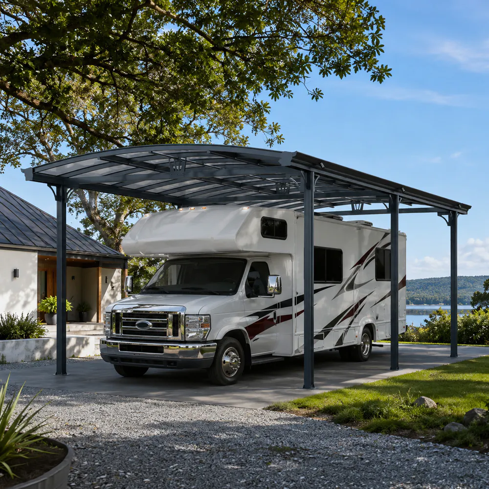 Tettoia per camper 760x360xh360cm in alluminio e policarbonato antracite - 27mq Tettoia per camper 760x360xh360cm in alluminio e policarbonato antracite - 27mq