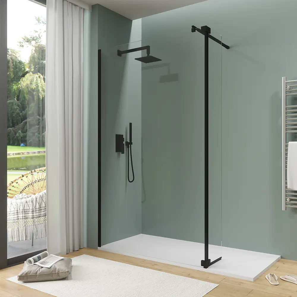 Doccia walk-in 150cm + anta 30cm vetro 8mm trasparente profili neri | Keros Doccia walk-in 150cm + anta 30cm vetro 8mm trasparente profili neri | Keros