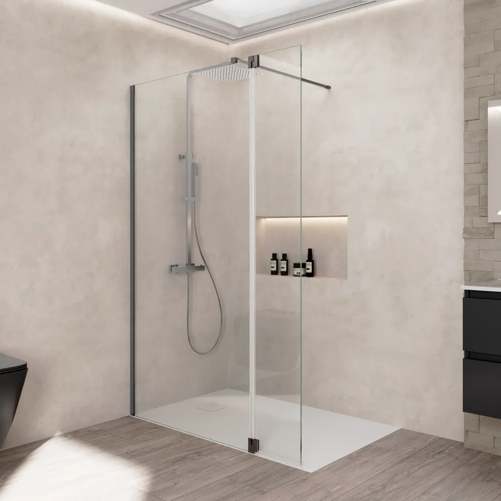 Doccia walk-in 60cm + anta girevole 30cm vetro 8mm trasparente anticalcare profili gun metal h200 | Keros