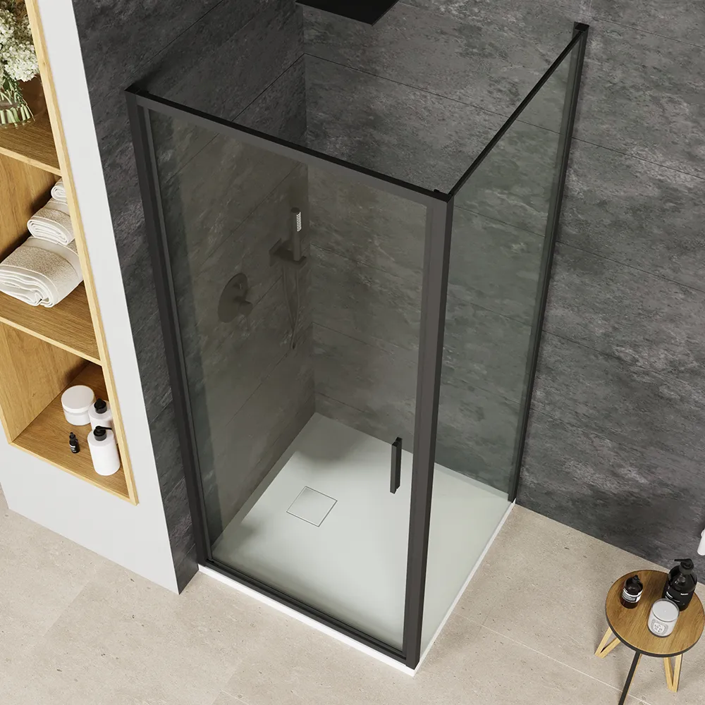 Box doccia slim 70x70cm con porta a battente e parete fissa profili nero opaco e vetro 6mm trasparente h190| Portofino Box doccia slim 70x70cm con porta a battente e parete fissa profili nero opaco e vetro 6mm trasparente h190| Portofino